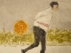 Mart Kempers - Fraaie aquatint ets - schaatser bij ondergaande zon - potloodgesigneerd kopen? Bied vanaf 50!