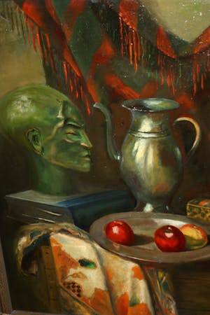 Hendrikus van Langen - STILLEVEN MET ART DECO BEELD EN TINNEN KAN kopen? Bied vanaf 175!