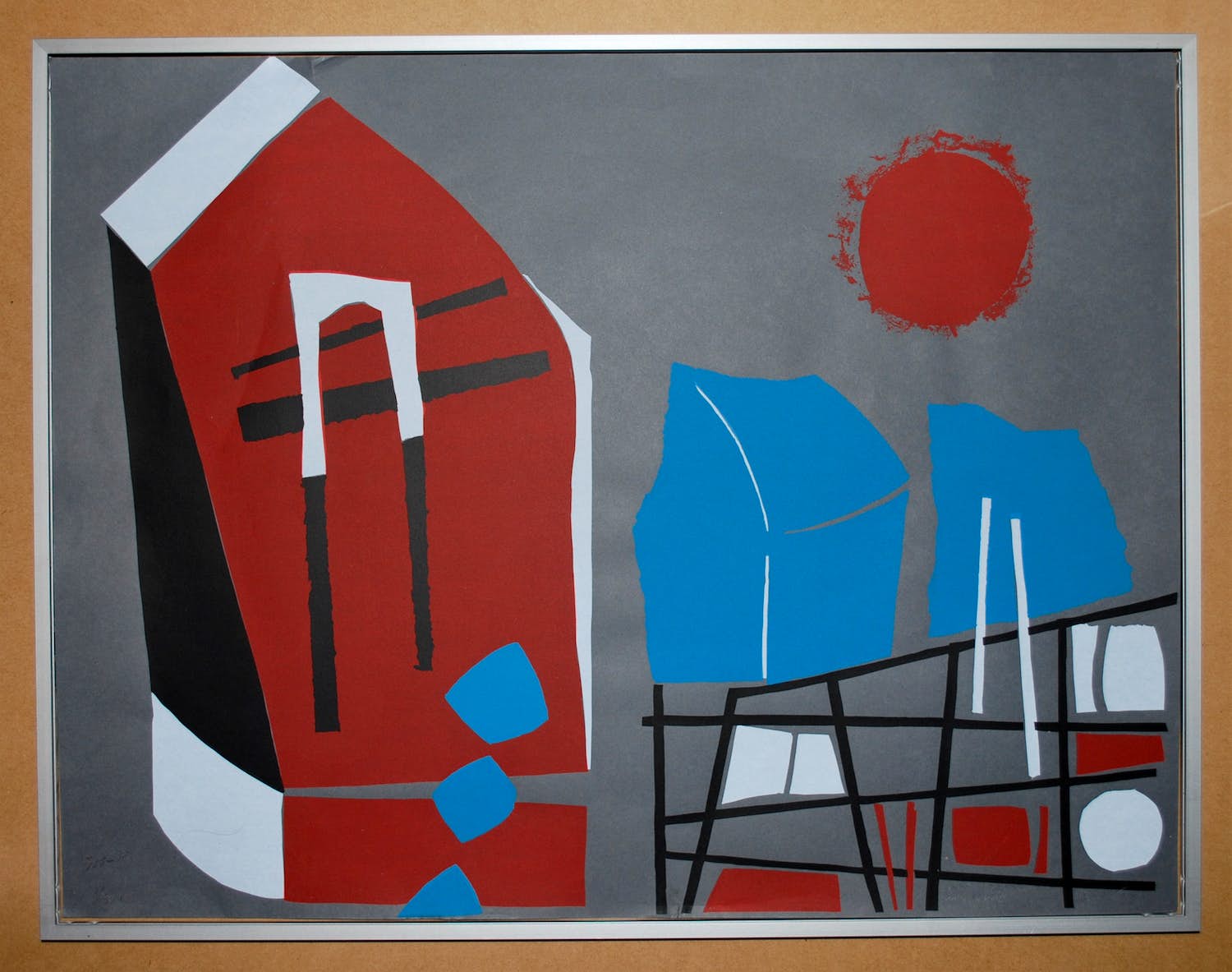 Jo van Dijk - [ Groninger Ploeg ] - lyrisch abstracte zeefdruk - ingelijst verkocht voor € 75!