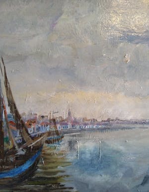 Niet of onleesbaar gesigneerd - Circa 1955 - "Botters op scheepswerf aan water" kopen? Bied vanaf 1!