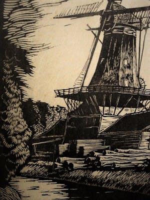 Niet of onleesbaar gesigneerd - Fraaie 1930 gesigneerde Houtsnede "Houtzaagmolen de Nagtegaal Dordrecht" kopen? Bied vanaf 1!