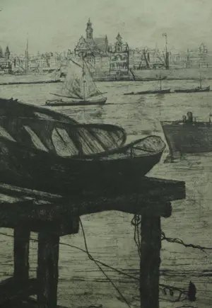 Toon Pluymers - Ingelijste ets , Gezicht op Antwerpen – Lijst, 56 x 71 cm. kopen? Bied vanaf 1!