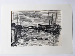 Hugo Liebe - Krijttekening, Haventje te Rijpwetering bij avond. kaufen? Bieten Sie von 20!