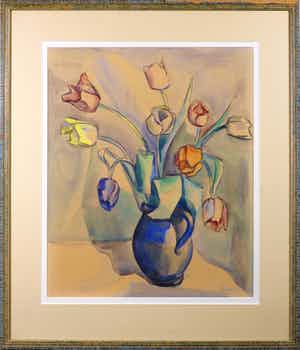Henk van den Idsert - Aquarel, Stilleven met tulpen - Ingelijst verkocht voor € 80!