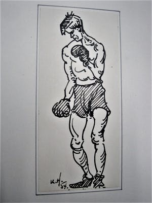Kees Heynsius - Karikaturale omstreeks 1930 gemaakte (2) Inkt tekeningen "Boxers" kopen? Bied vanaf 43!
