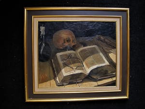 Niet of onleesbaar gesigneerd - Omstreeks 1900 geschilderd Vanitas stilleven met schedel, bijbel en rozenkrans kopen? Bied vanaf 10!