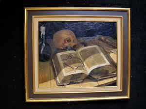 Niet of onleesbaar gesigneerd - Omstreeks 1900 geschilderd Vanitas stilleven met schedel, bijbel en rozenkrans verkocht voor € 10!