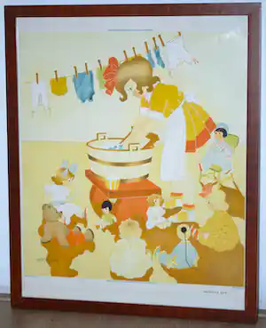 Willy Schermele - Poppenwasdag - ingelijste kleurenlitho uit 1937 -> GRATIS verzending NL verkocht voor € 50!