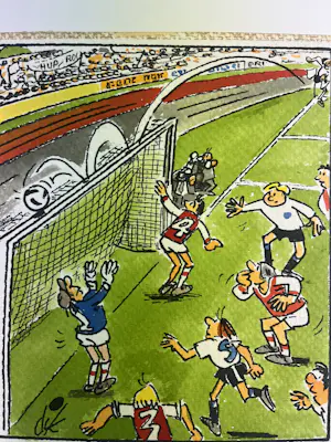 Dik Bruynesteyn - originele tekening 'Spanning en sensatie, de bal op de lat' kopen? Bied vanaf 85!