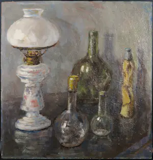 Niet of onleesbaar gesigneerd - Olieverf op board, Stilleven met olielamp kopen? Bied vanaf 1!