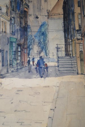 Jan den Hengst - Amsterdam, de Jordaan met de Westerkerk - grote ingelijste aquarel kopen? Bied vanaf 150!