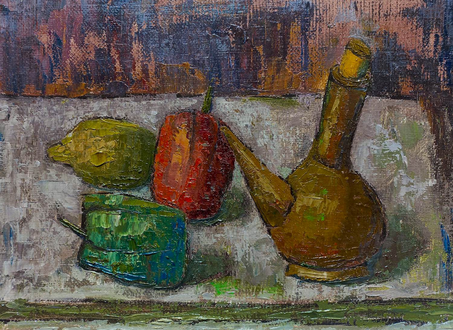 Jan Linschooten - Stilleven met paprika, olieverf op canvasboard (ingelijst) verkocht voor € 125!