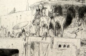 Marius Bauer - Gezicht op de Ganges met badende mensen met tempel op de achtergrond. kopen? Bied vanaf 250!