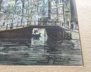 Johannes Josseaud - Amsterdamse gracht met Zuiderkerk | gekleurde litho (uniek)- ingelijst kopen? Bied vanaf 45!