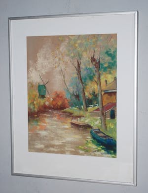 Jan Staats Kiewiet - pseud. Jeska - molen en boot aan het water - pastel kopen? Bied vanaf 65!