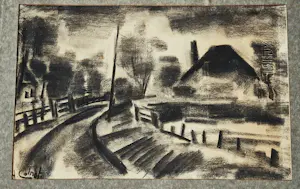 Karel Colnot - Bergense school - Houtskool - boerderijen in landschap - Ingelijst kopen? Bied vanaf 59!