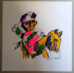 AcheterHerman Brood - zeefdruk: man te paard? Enchérissez de 450!