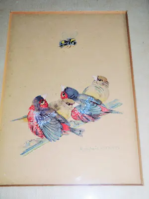 Karl Schicktanz - Aquarel - Vogeltjes op stok met Bij kopen? Bied vanaf 60!