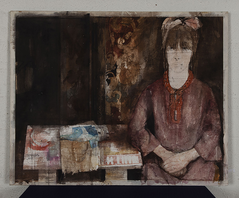 Margriet Kemper - Portret meisje - Aquarel inkt tape en collage op papier gemonteerd op vezelplaat kopen? Bied vanaf 10!