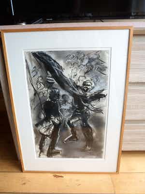 Gerbrand Volger - Houtskool en pastelkrijt op papier. Titel Straatfeest. verkocht voor € 40!