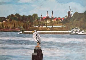 Valentin Bakardjiev - "Dalem" - Rivierlandschap met Vogel - zicht op Kasteel Loevestein kopen? Bied vanaf 29!