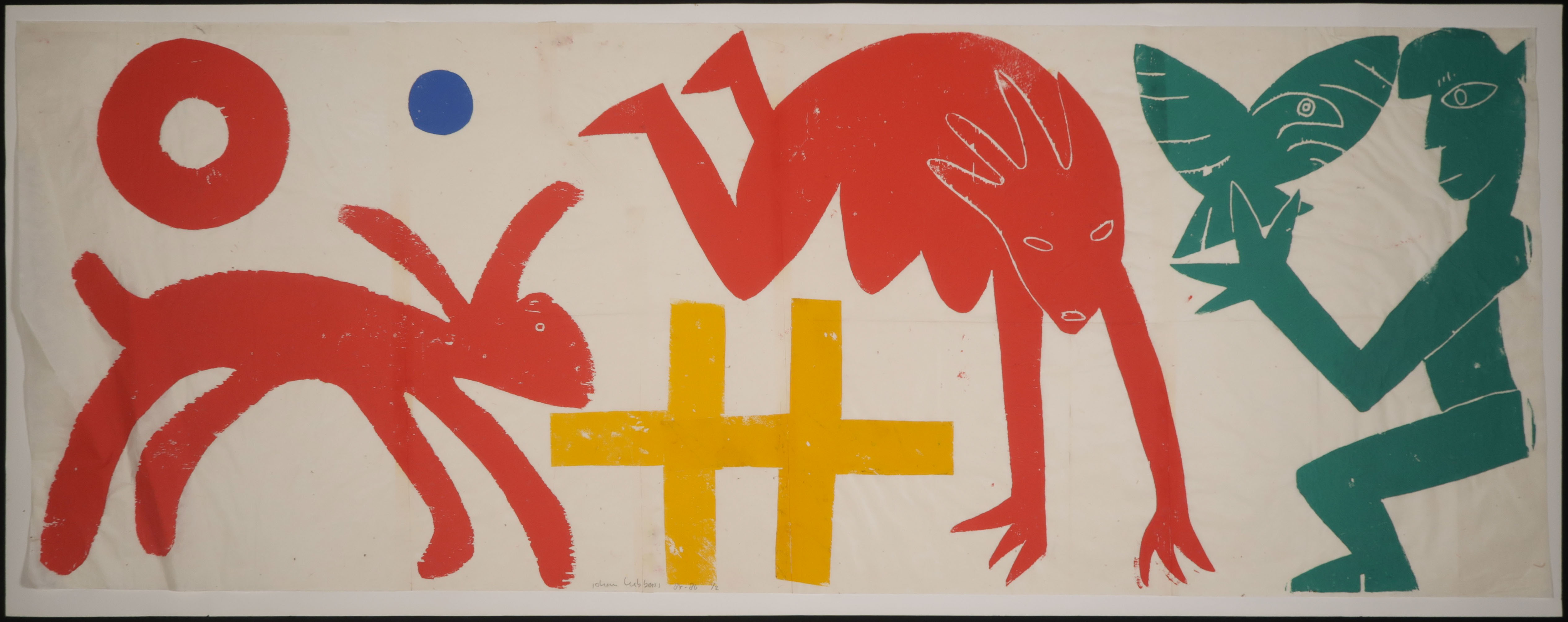 Johan Lubbers - Houtsnede, Haas vrouw en man met vogel (Zeer groot) kopen? Bied vanaf 35!