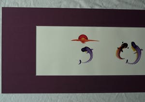 Niet of onleesbaar gesigneerd - ‘Gekaligrafeerde’ acrylverf op papier , Japan , Vissen / Karpers – ingelijst kopen? Bied vanaf 1!