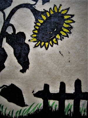 Jac. de Beer - Verstilde handingekleurde Houtsnede "Zonnebloem" kleine oplage 3/50 kopen? Bied vanaf 20!