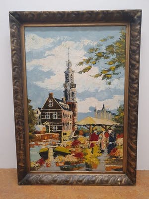 Niet of onleesbaar gesigneerd - Bloemenmarkt Amsterdam met zicht op de Munttoren kopen? Bied vanaf 1!