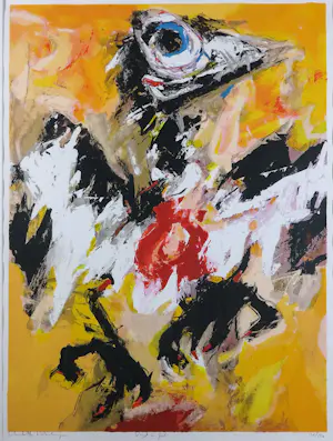 Charlotte Molenkamp - Zeefdruk op papier, Vogel in geel- Ingelijst (Groot) kopen? Bied vanaf 100!