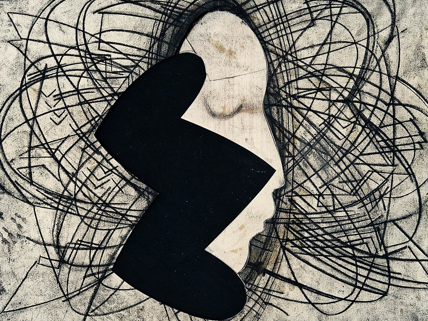 Allie van Altena - Groningen 1993 - grote "gelaagde" gem. techniek (houtskool, papiercollage) kopen? Bied vanaf 128!