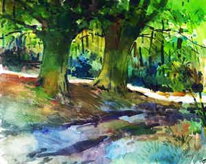 Jos Rovers - Bospad, gemengde techniek op papier (groot) verkocht voor € 1!