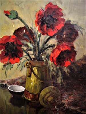 Niet of onleesbaar gesigneerd - goed geschilderd gevarieerd stilleven met klaprozen - olieverf - gesigneerd verkocht voor € 1!