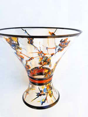 A.J. van Kooten - Diabolo vaas glas met aan buitenkant handgeschilderd emaille-verf Art Deco verkocht voor € 208!