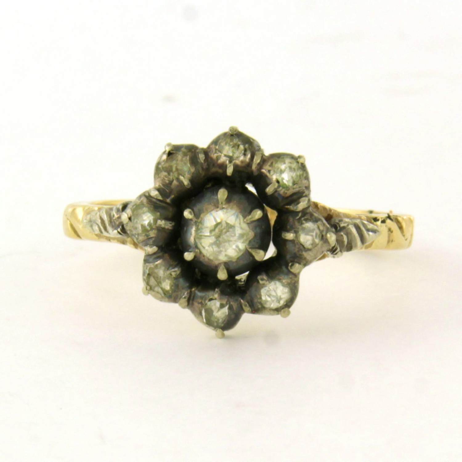 14k geel goud met zilveren ring bezet met roos diamanten tot. 0.20ct -G/H - SI kopen? Bied vanaf 360!