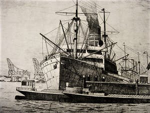 Niet of onleesbaar gesigneerd - GROTE gesigneerde Ets "Rotterdam stoomschip in parkhaven" kopen? Bied vanaf 1!