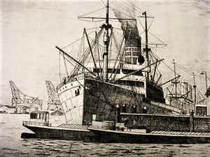 Niet of onleesbaar gesigneerd - GROTE gesigneerde Ets "Rotterdam stoomschip in parkhaven" verkocht voor € 1!