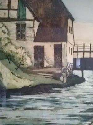 Johan Niels Martinus Thorsøe - (1834-1909) - Huis aan het water - Kleurenets kopen? Bied vanaf 1!