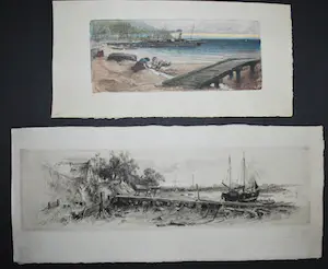 William Unger - 2 zeldzame handgesigneerde etsen (1x kleur) met strandgezichten/boten/kinderen kopen? Bied vanaf 60!