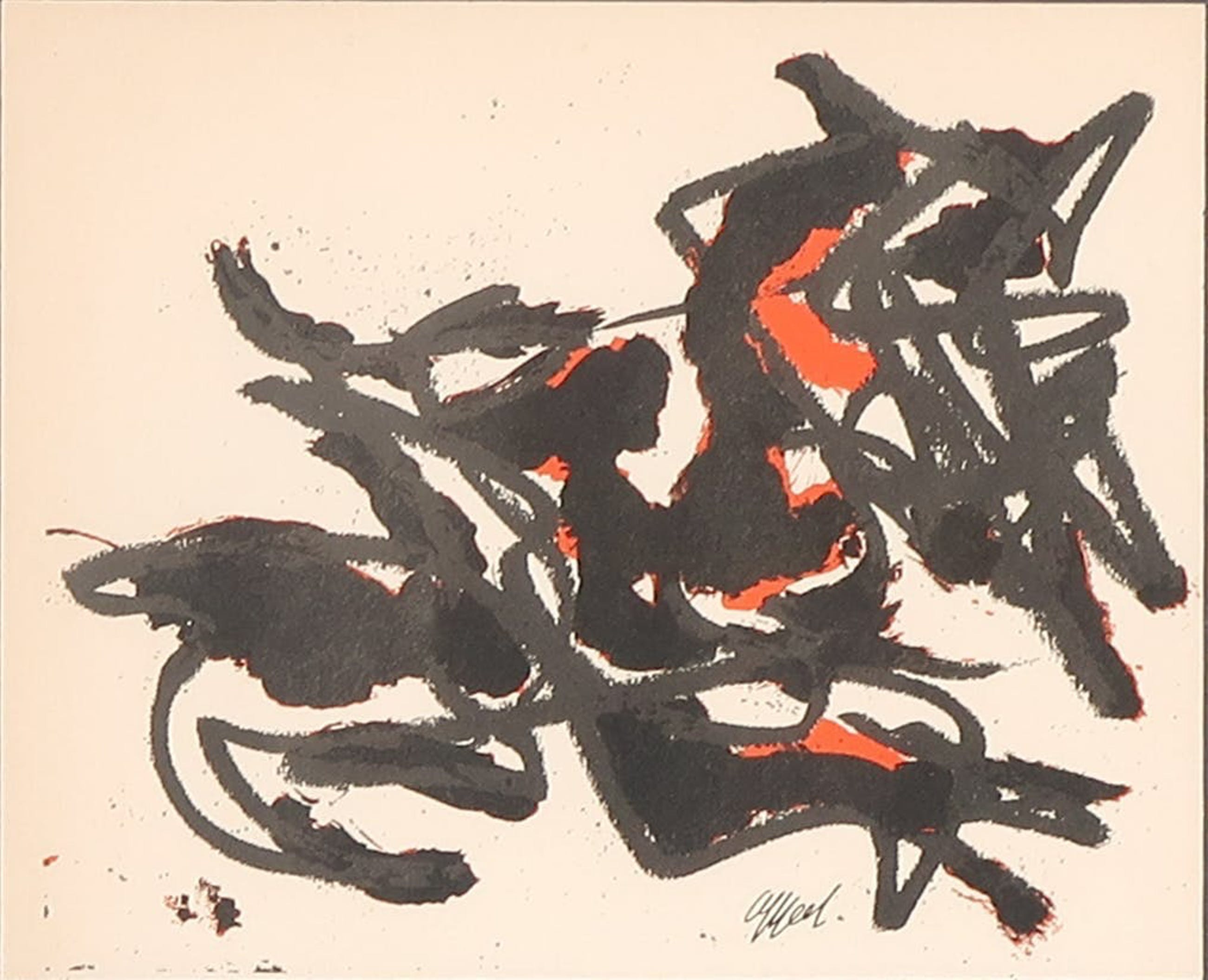Karel Appel - Kleurenlitho in zeer exclusieve zwarte robbellijst, Compositie I - Ingelijst kopen? Bied vanaf 1!