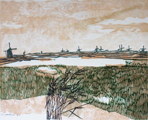 Paul Maas - hout/linosnede - 'Landschap met Molens' - 1970 kopen? Bied vanaf 20!