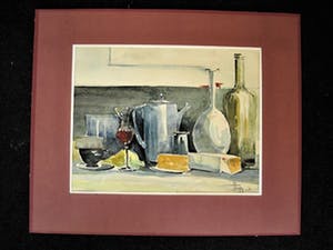 Niet of onleesbaar gesigneerd - Fraai bijna Kubistisch "Keukenstilleven met borrelglas" gesigneerd kopen? Bied vanaf 10!