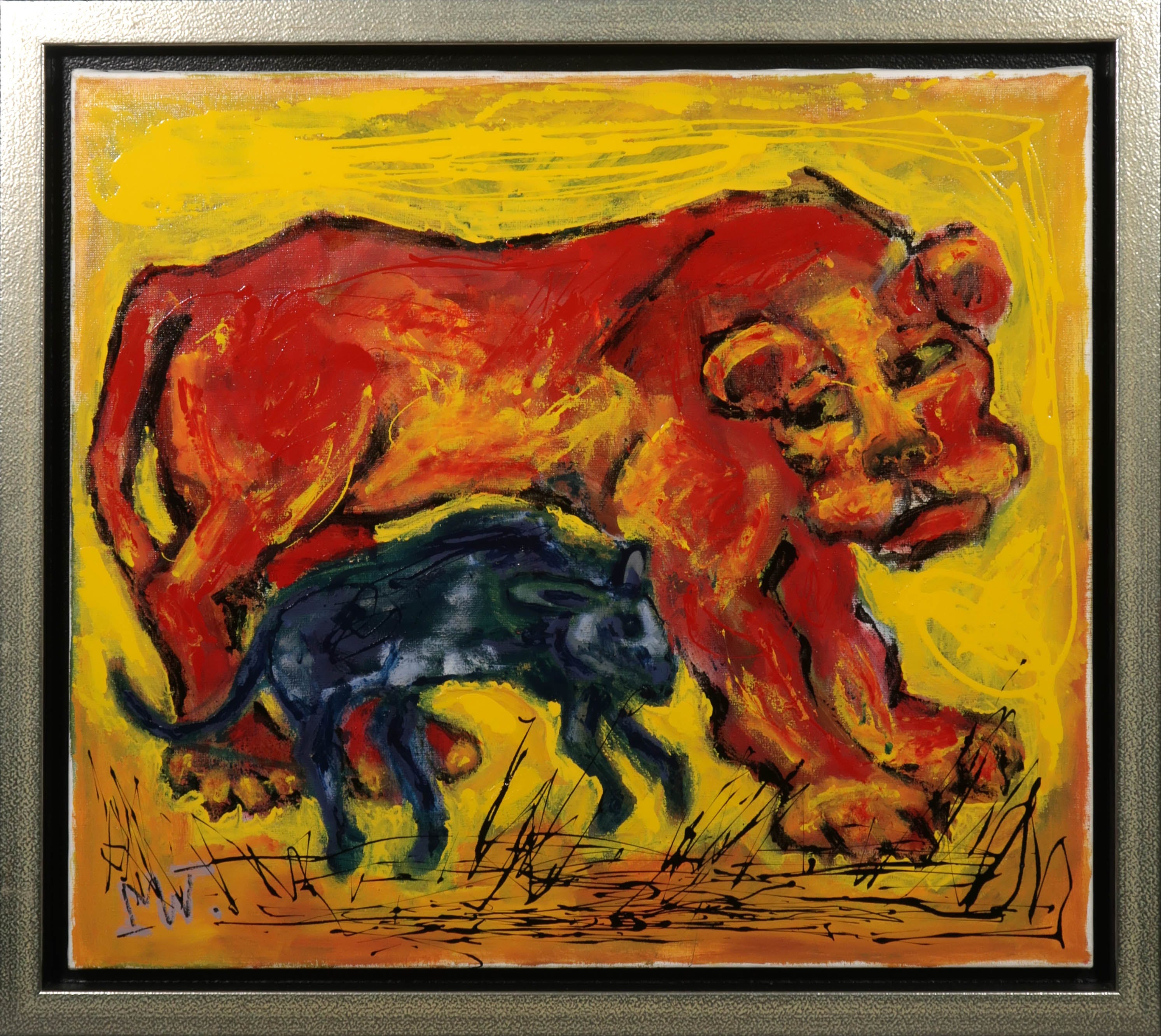 Martin van Wordragen - Olieverf op doek, Leeuwin met rat - Ingelijst kopen? Bied vanaf 380!