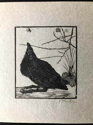 Jan Mankes - Houtsnede kleine kraai kijkend naar mugje - Gesigneerd - 1918 verkocht voor € 445!