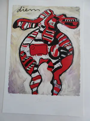Peter Diem - Kleurenzeefdruk COW RED Hand gesigneerd. kopen? Bied vanaf 30!