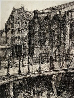 Niet of onleesbaar gesigneerd - Houtskool - 1920 - Amsterdam "het Prinseneiland en Drieharingenbrug kopen? Bied vanaf 1!