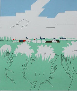 Hendrik Valk - ingelijste litho: huizen in landschap kopen? Bied vanaf 150!