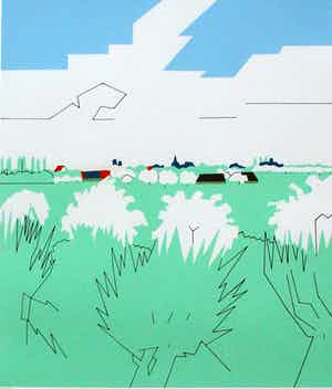 Hendrik Valk - ingelijste litho: huizen in landschap verkocht voor € 150!