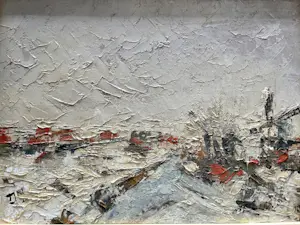 Niet of onleesbaar gesigneerd - Abstracte landschap met molen - Olieverf op paneel, Ingelijs kopen? Bied vanaf 1!