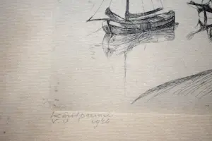 Antoon Derkzen van Angeren - Schepen aangemeerd achter de duinen. kopen? Bied vanaf 50!